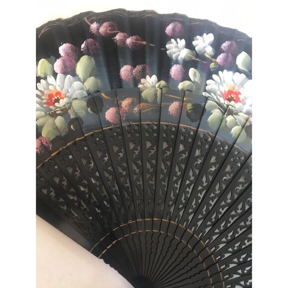 Vintage Hand Held Silk Paper Fan Signed By the Artist Black With Hand Painted - Picture 6 of 10